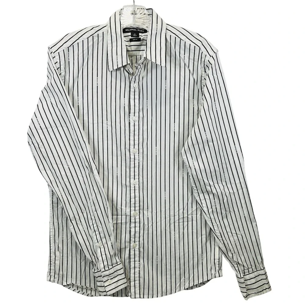 Michael Kors Slim Fit Women Striped Long Sleeve Button-Up Shirt Black White M